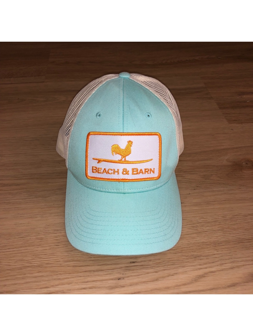 BEACH & BARN MESH CAP SNAPBACK TRUCKER HAT ROOSTER TEAL GREEN BLUE WHITE ORANGE